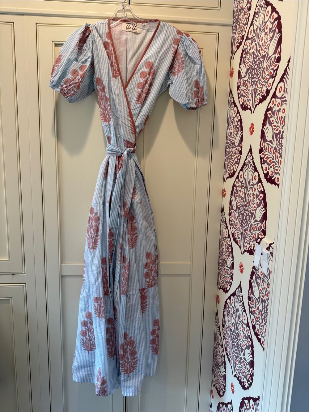 Striped Blue Wrap Maxi Dress with Dusty Rose Floral Print
